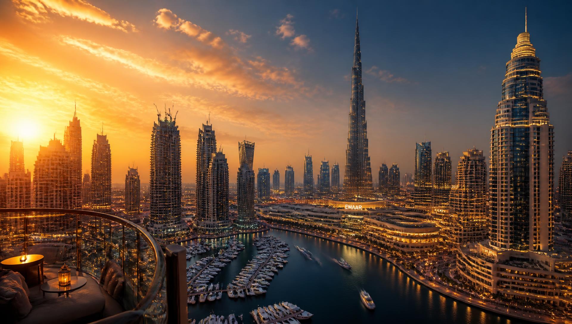 Dubai skyline with Burj Khalifa and Dubai Marina at golden hour
